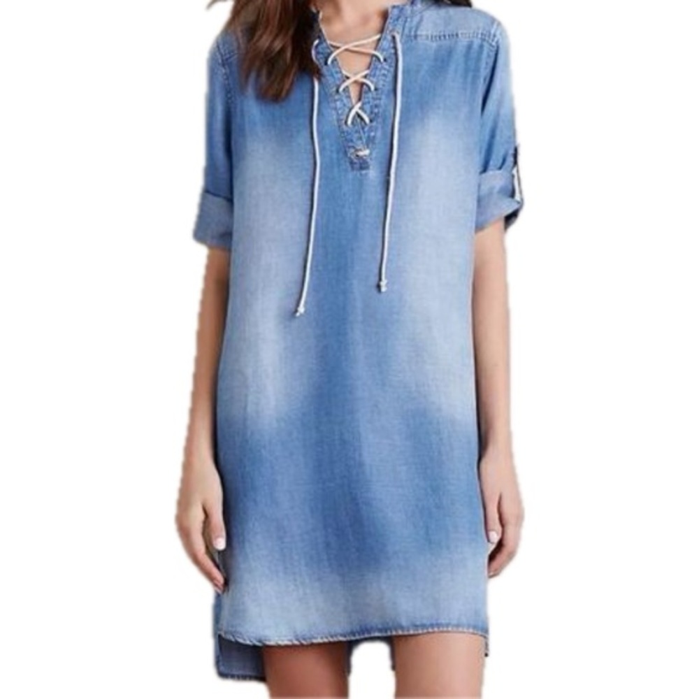 Cloth & Stone Denim Lace Up Tunic Dress in Blue